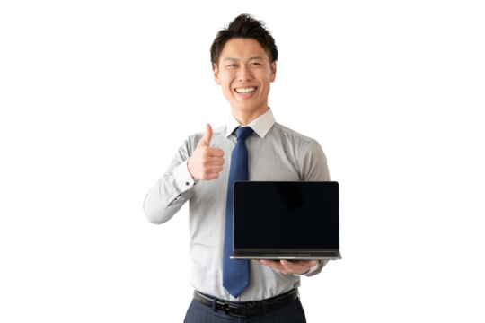 パソコンを持っていいねのポーズをする男性（背景透過PNG）