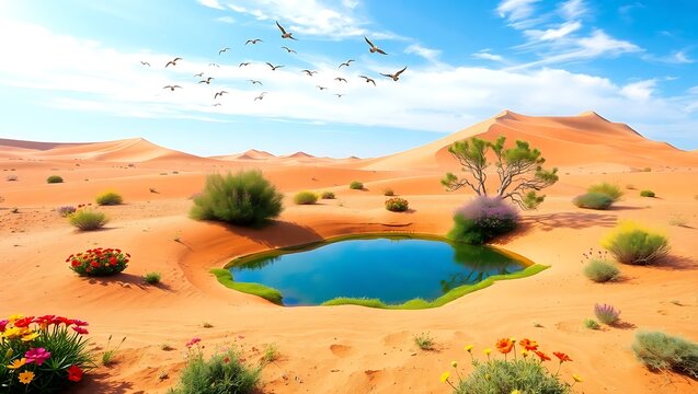 Desert oasis landscape with birds and sand dunes