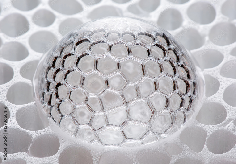 Poster transparent polymer dome with hexagonal layering texture on white perforated surface, futuristic and