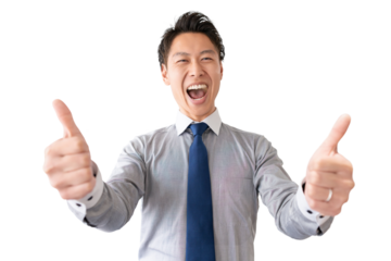 笑顔で喜ぶ男性ビジネスマン（背景透過PNG）