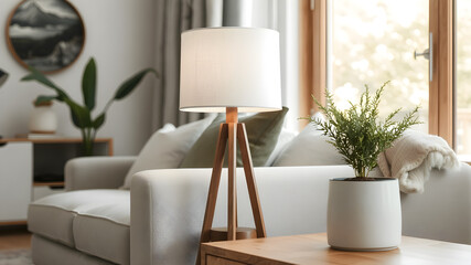 Close up of lamp on side table near sofa. Scandinavian home interior design of modern living room