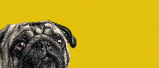 The adorable pug showcasing its charming expression against a vibrant yellow background.