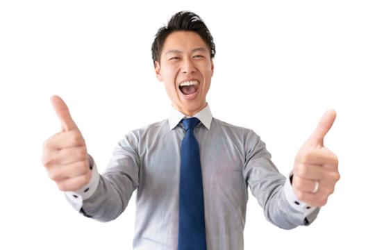 笑顔で喜ぶ男性ビジネスマン（背景透過PNG）