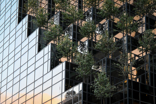 Modern Green Architecture with Trees Integrated into Facade Design - Powered by Adobe