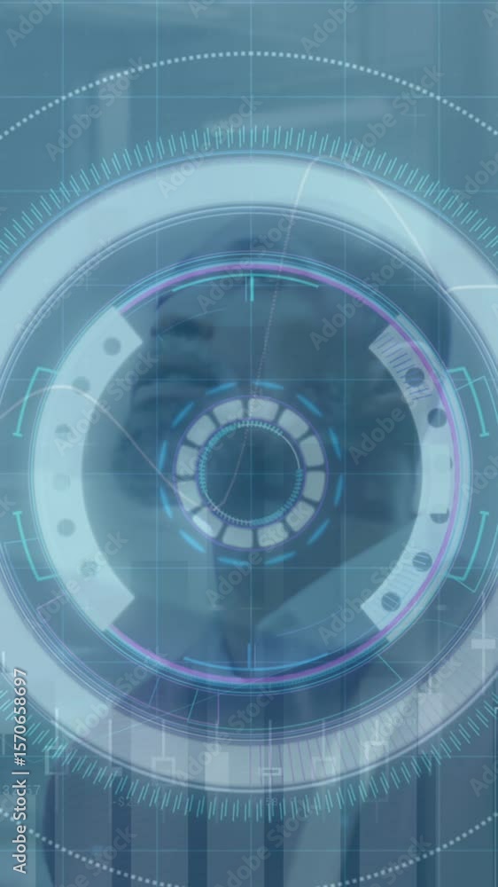 Aufkleber animation of data processing and scope scanning over african amercian businessman