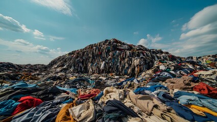 Mountains of Discarded Clothing Textile Waste Under Sunny Sky Environmental Pollution Concern
