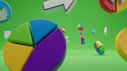 Floating data charts and arrows on a green background representing business analytics and statistics - Powered by Adobe