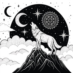 Wolf Howling at Crescent Moon Mountain Scene with Night Clouds and Starburst Mandala Background in Bold Black and White Linework.