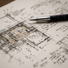 A detailed architectural sketch rests on a wood surface, accompanied by a pen;  handwritten notes and measurements surround the central floor plan