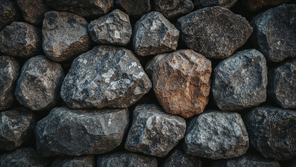 Rough textured stone wall with varied grey and brown rocks image