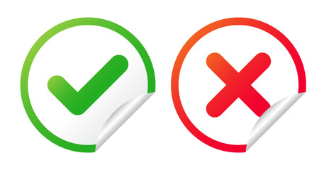 Green Check Mark and Red Cross Sticker Icon with Peeling Effect