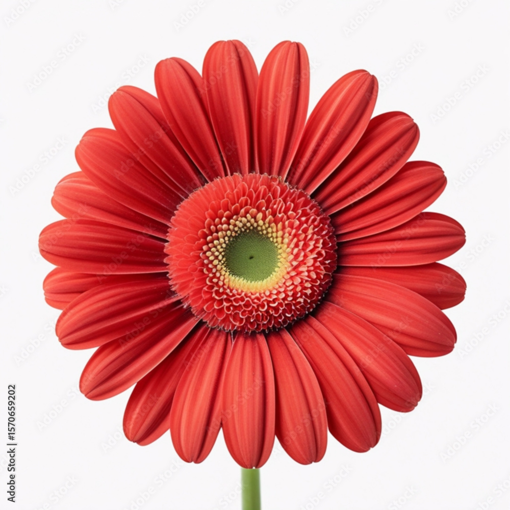 Poster a vibrant red gerbera daisy with a green center on a white background is shown in a close up view cr