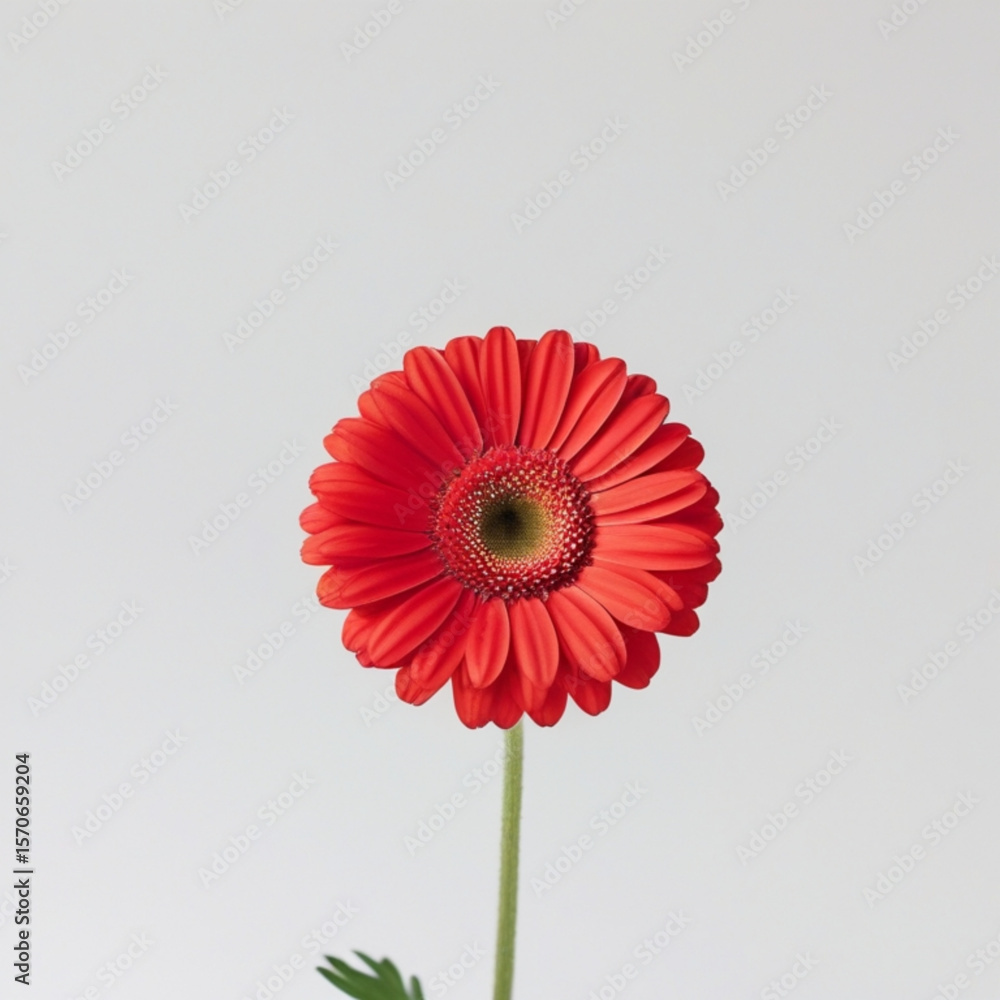 Poster a single red gerbera daisy with a green stem against a plain white background in close up studio sho