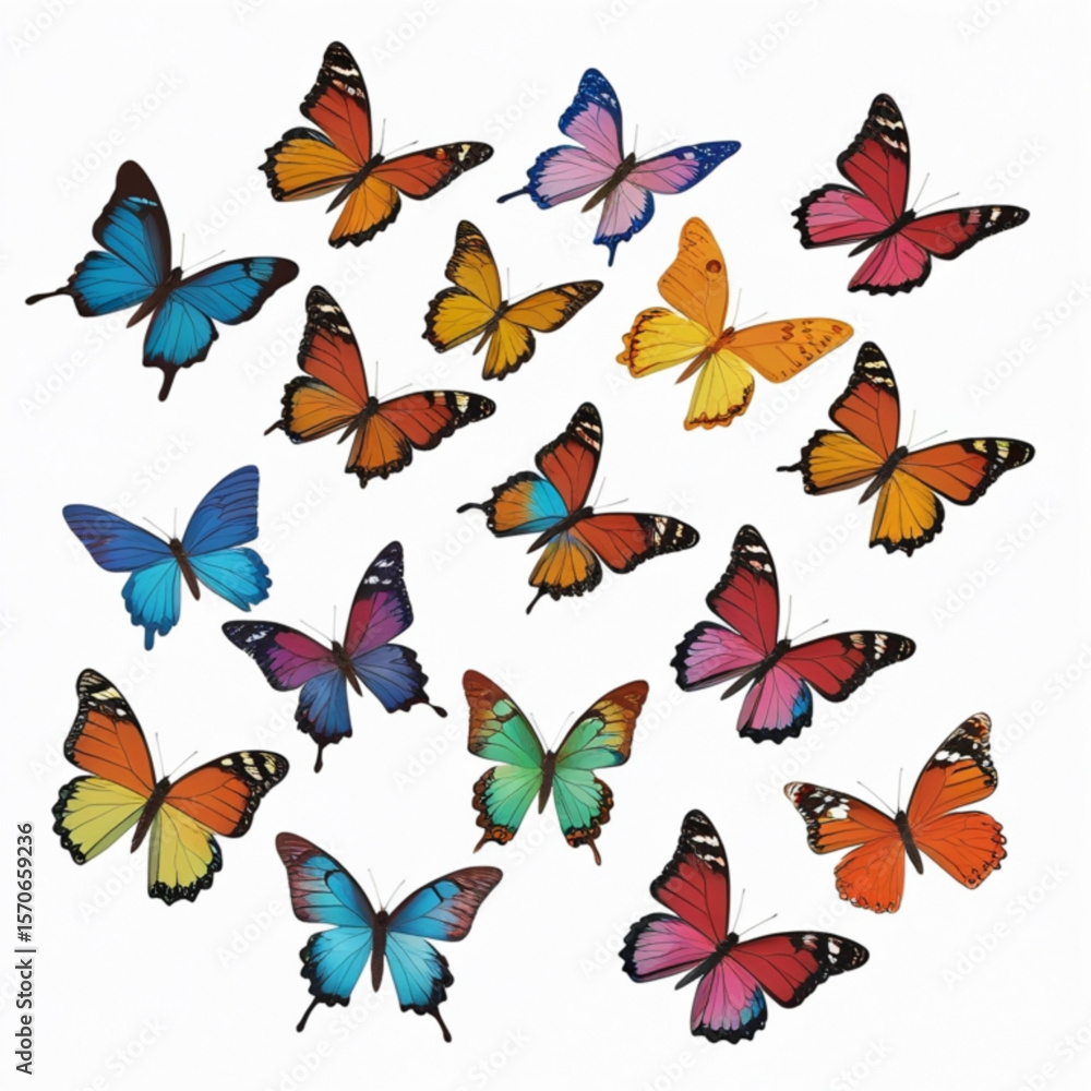 Poster a vibrant collection of colorful butterflies with various wing patterns on a white background displa