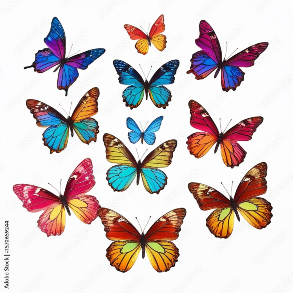 Poster a collection of ten colorful butterflies with various wing patterns on a white background image view