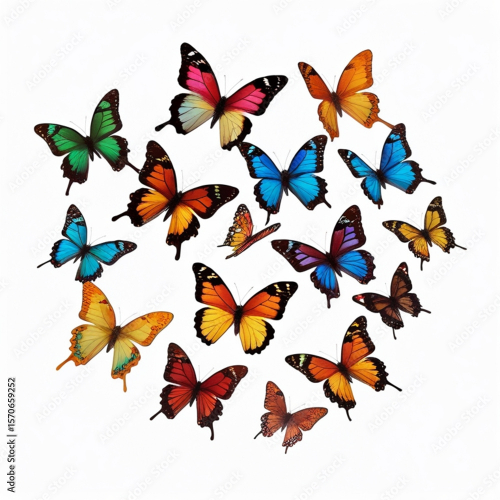 Poster a collection of colorful butterflies with different patterns and wing shapes on a white background s