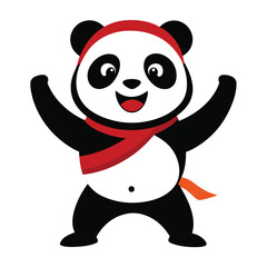 Obraz premium Joyful cartoon panda wearing a red scarf and headband