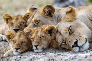The Serengeti lion family takes a midday nap, with the cubs nibbling at the mane of their elders, the tips of their fur showing a golden edge effect against the backlight.
