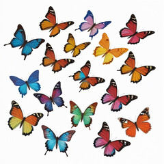 A vibrant collection of colorful butterflies with various wing patterns on a white background display created with generated ai