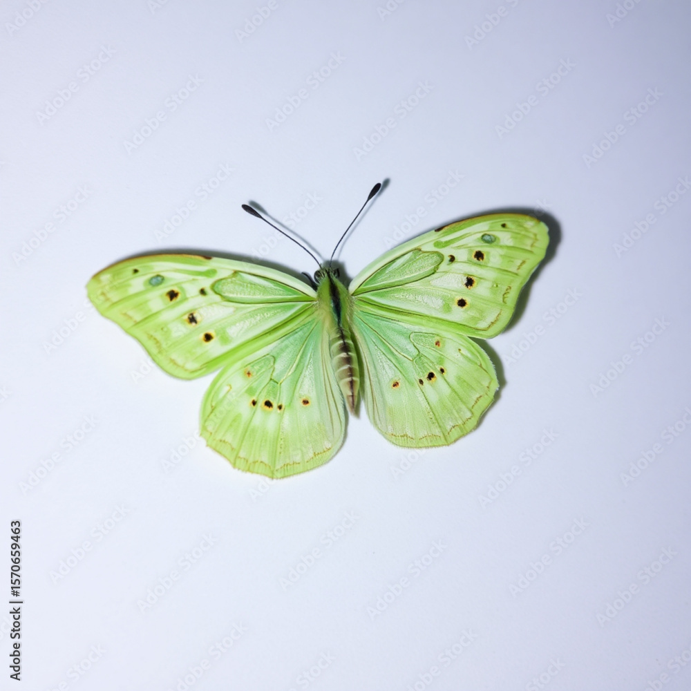 Poster close up of a pale green butterfly with black spots isolated on a white background in a studio shot 