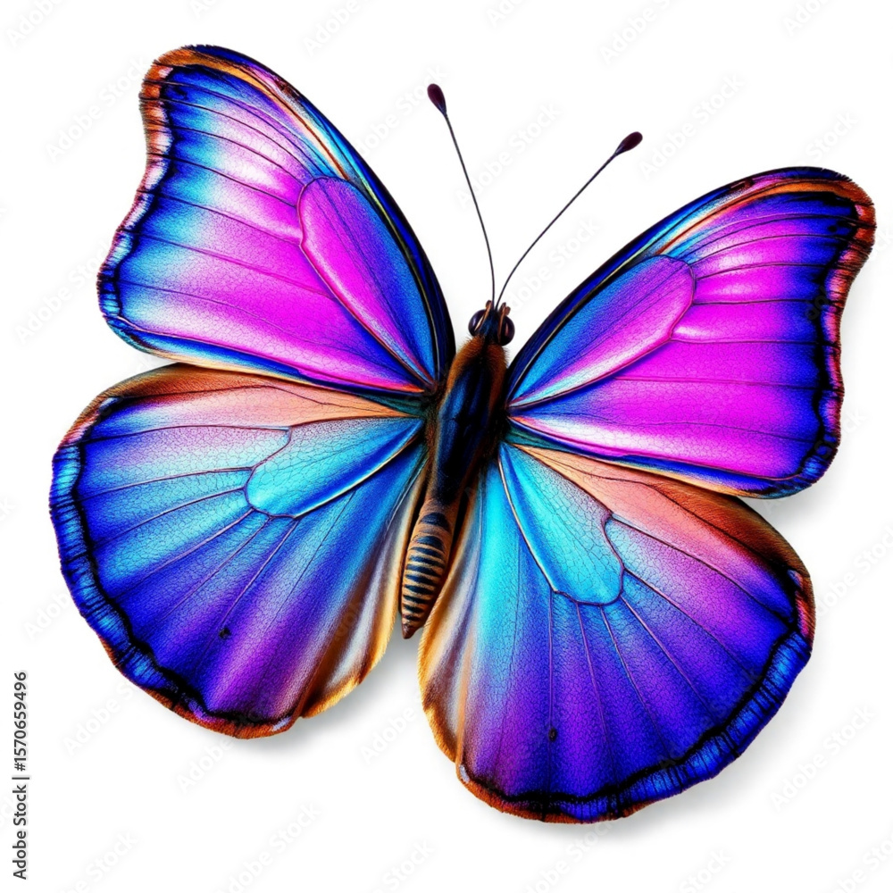 Poster close up of a vibrant butterfly with intricate wing patterns in shades of blue and pink color gradie