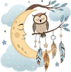 Mystical Crescent Moon with Sleeping Owl Dreamcatcher Feathers, Star Clusters, and Soft Clouds in a Calm, Nighttime Fantasy Illustration.