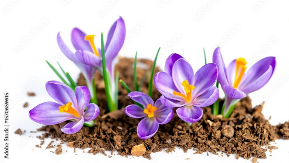 Poster close up of purple crocus flowers growing in soil on a white background in a studio environment crea