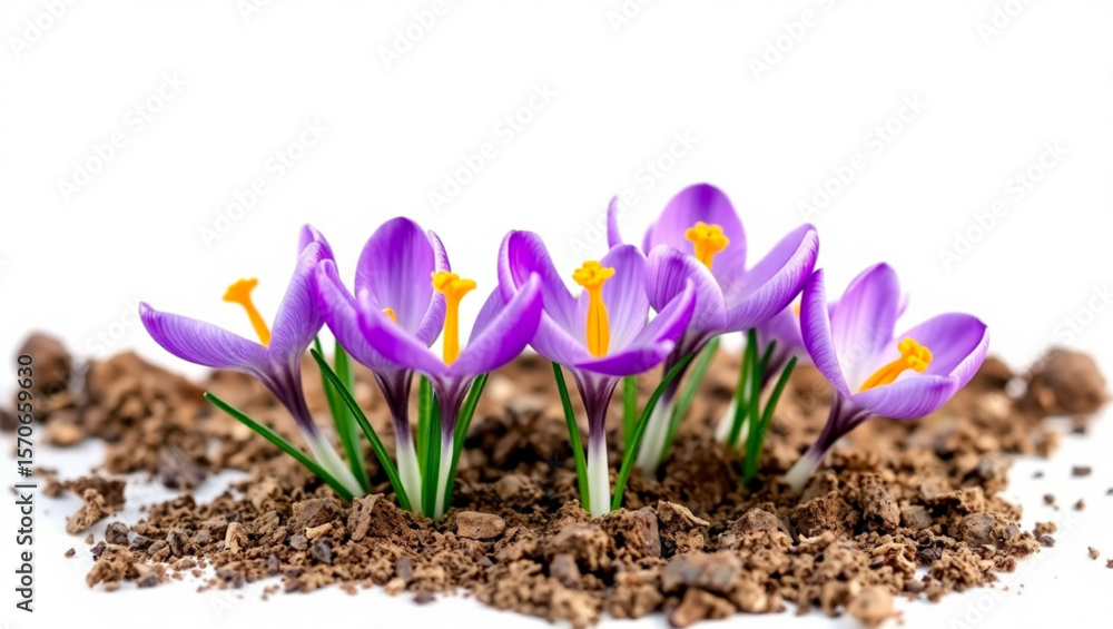 Poster a group of purple crocus flowers blooming in a patch of soil against a white background in a studio 