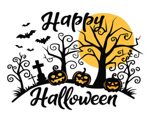 Fototapeta premium halloween, pumpkin, tree, vector, autumn, night, illustration, moon, bat, holiday, design, silhouette, horror, scary, dark, october, black, spooky, orange, nature, celebration, frame, cartoon, art