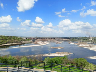 Landscape from Unity Hill on the old Dnieper channel with bare rapids at the foot of the Zaporizhia dam.
