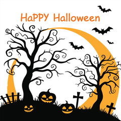 halloween, pumpkin, tree, vector, autumn, night, illustration, moon, bat, holiday, design, silhouette, horror, scary, dark, october, black, spooky, orange, nature, celebration, frame, cartoon, art