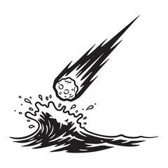 Hand drawn illustration of an asteroid impact creating ocean waves and splashing water.
