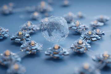 A digital globe at the center of a network of interconnected, secure nodes, representing global connectivity and data security
