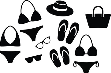 Celebrate National Bikini Day with this icon set silhouette vector of swimsuits elements isolated on white background