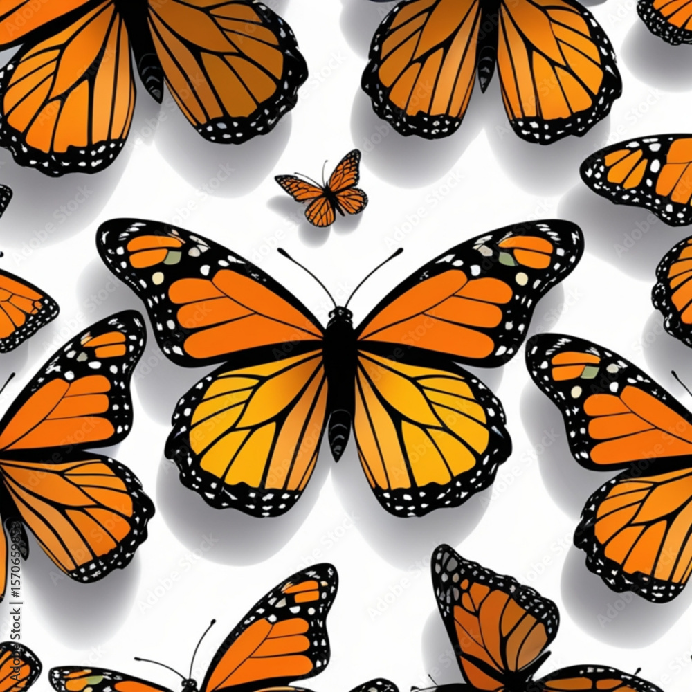 Poster a repeating pattern of monarch butterflies with orange and black wings on a white background design 
