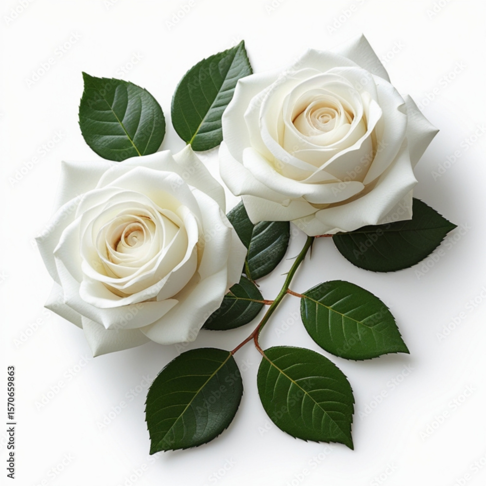 Poster two elegant white roses with vibrant green leaves on a pristine white background creating a soft aes