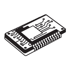 Isometric black and white illustration of a semiconductor microchip circuit board
