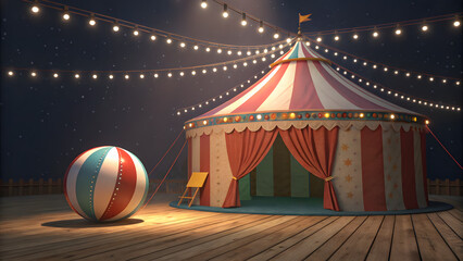 Circus Tent and Ball: A festive scene of a circus tent and colorful ball, bathed in the soft glow of string lights and the enchantment of the night sky.