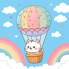 Smiling Kawaii Cat in Cupcake Hot Air Balloon Adorable Flat Style with Rainbow Sprinkles, Fluffy Clouds, and Pastel Sky Background.