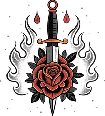 Traditional Dagger Piercing Rose Classic Tattoo Style with Bold Ink Lines, Symmetrical Flames, Smoke Swirls, and Droplets for Vintage Flash Design.