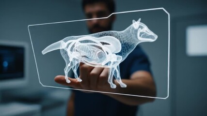 Veterinarian using holographic interface to view dog anatomy in a modern clinic setting - Powered by Adobe
