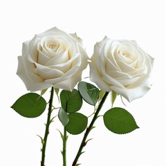 Two elegant white roses with green leaves and stems isolated on a clean white background view created with generated ai