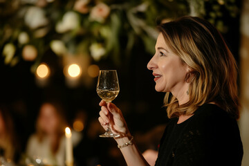 Middle aged woman holding wine glass and smiling during social gathering, sitting at table with blurred people and floral decorations in background, enjoying festive event