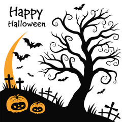 halloween, pumpkin, tree, vector, autumn, night, illustration, moon, bat, holiday, design, silhouette, horror, scary, dark, october, black, spooky, orange, nature, celebration, frame, cartoon, art