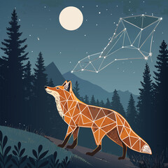 Geometric Fox Made of Glowing Lines and Polygons Standing in a Night Forest Minimal Starscape and Soft Moonlight in a Surreal Fantasy Illustration.