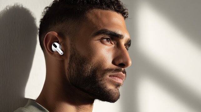 Side profile of athletic young man wearing white wireless sport earbuds, symbolizing active lifestyle, fitness focus, and modern audio technology in professional promotional setting - Powered by Adobe
