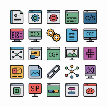 Collection of Colorful Web Development and Programming Icons Featuring Gears Documents Code and Network Symbols in a Flat Design Style