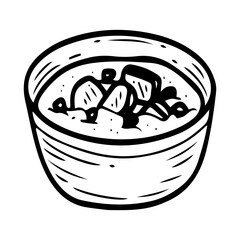 Cream soup with croutons. Hand drawn doodle vector. Vegetable puree. Diet food. Lenten dish. Ceramic bowl. Full plate. Cooking a meal. Restaurant menu. Illustration line art element.