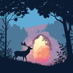 Silhouetted Deer Standing Before a Glowing Portal in the Forest Vibrant Colors Transitioning from Dusk to Dawn with Birds Flying Out in a Fantasy Landscape.