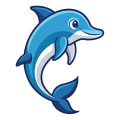 Cute cartoon blue dolphin jumping and smiling with a white background